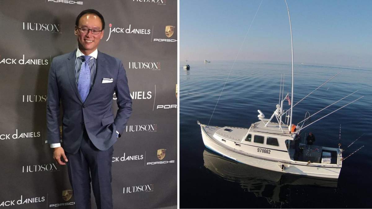 A split photo. On the left is Dr. Marvin Moy. On the right is his fighing boat, the Sure Shot.