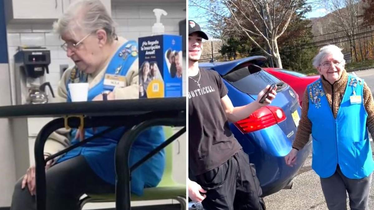 A split photo of Nola sitting in the breakroom, and Nola standing in a parking lot as she is told of the GoFundMe donations.
