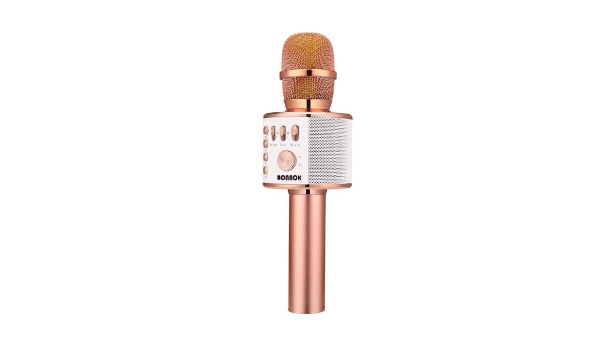 A pink wireless karaoke microphone