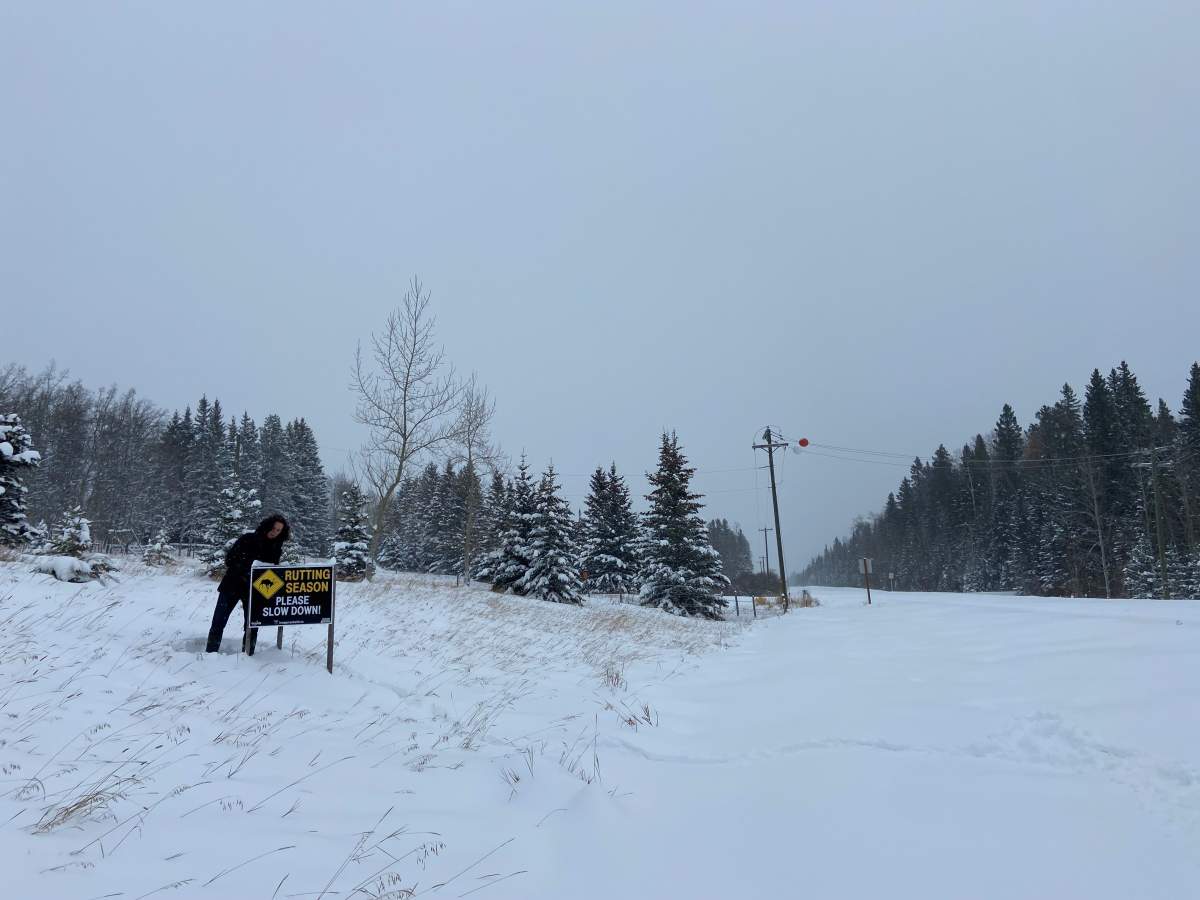 Delorme putting up sign along the highway.