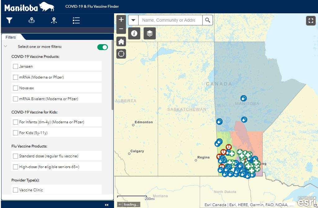 Covid and Flu vaccine finder on Manitoba’s website.