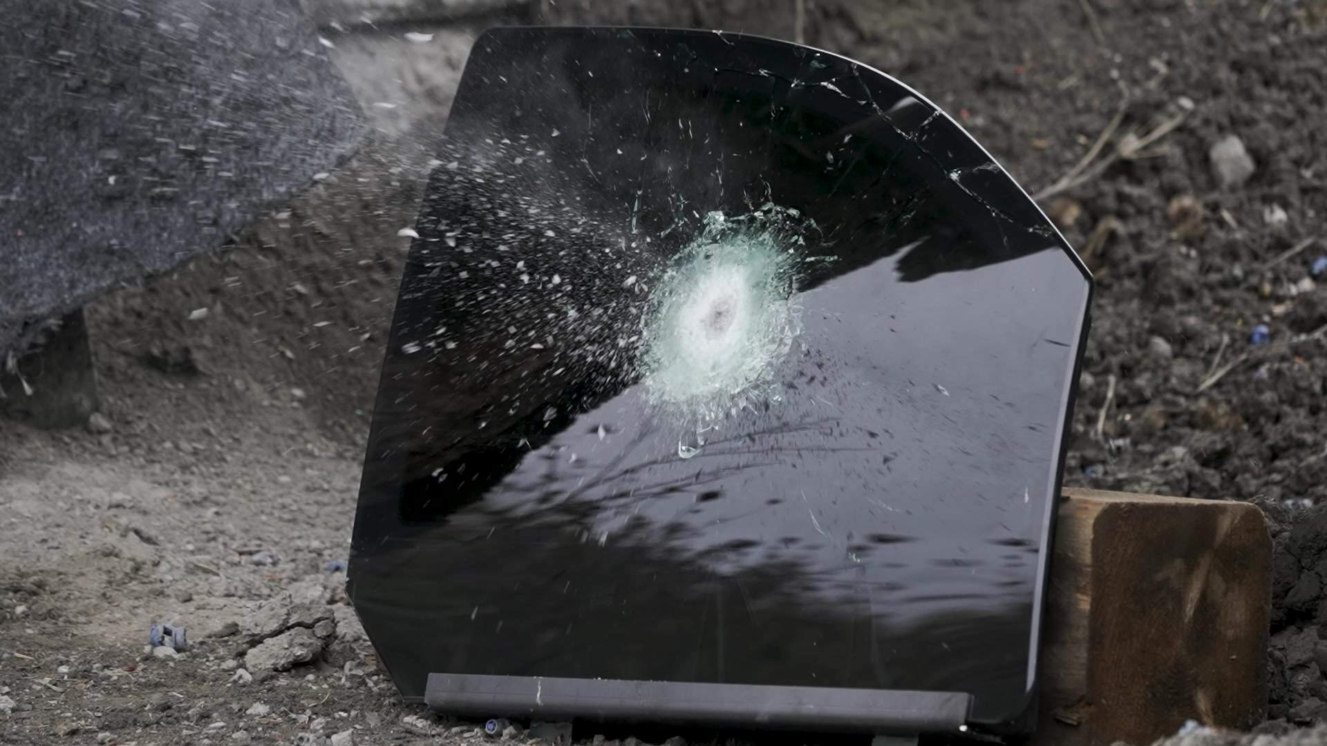 The moment of impact from a round shot by an SKS rifle, during a test of Roshel’s ballistic glass conducted by Global News. The bullet did not go through.