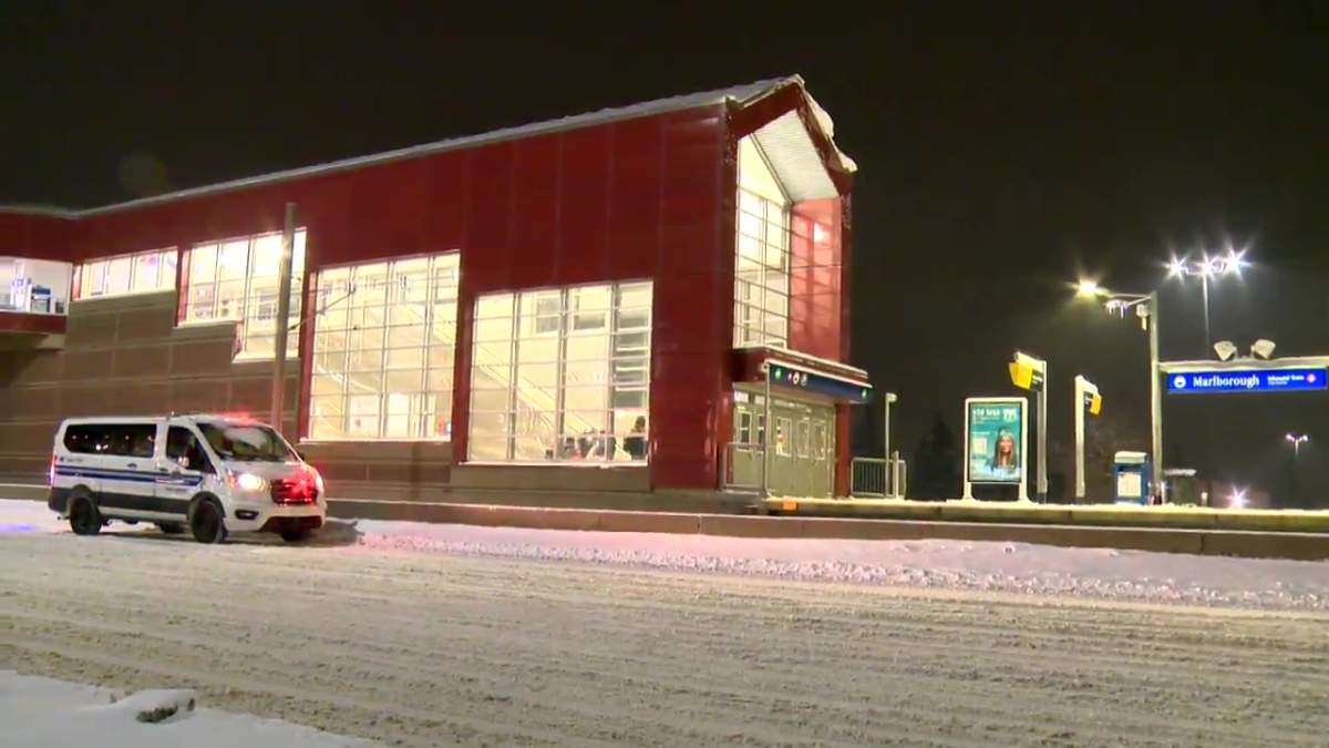 Calgary police investigate a hatchet attack at the Marlborough LRT station Nov. 7, 2022.