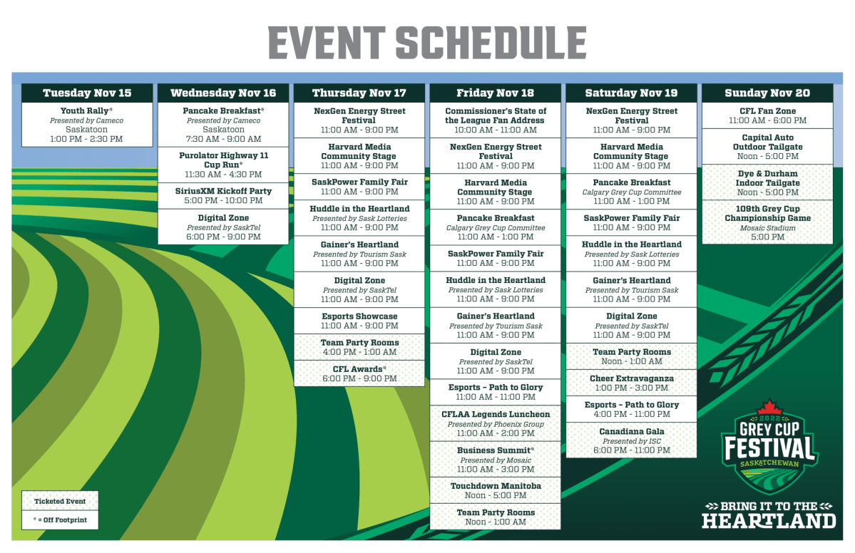 The Grey Cup Festival events kick of Tuesday morning and will continue until the Championship Game, Sunday Nov. 20.