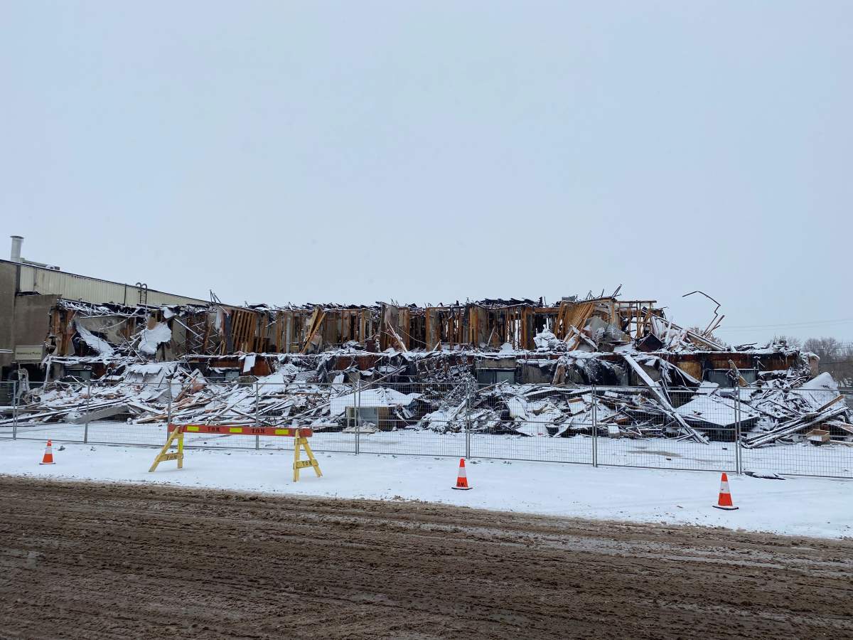 What remained of the Morinville Plaza Hotel and Suites Monday, Nov. 7, 2022 following a fire the night before.