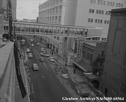 Raised pedestrian walkway created in 1956 linking the Hudson Bay Company to its parkade.