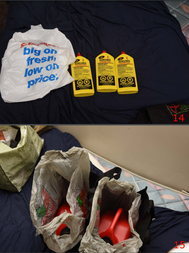 Gas cans and lighter fluid found in Daniel Rintoul’s home.