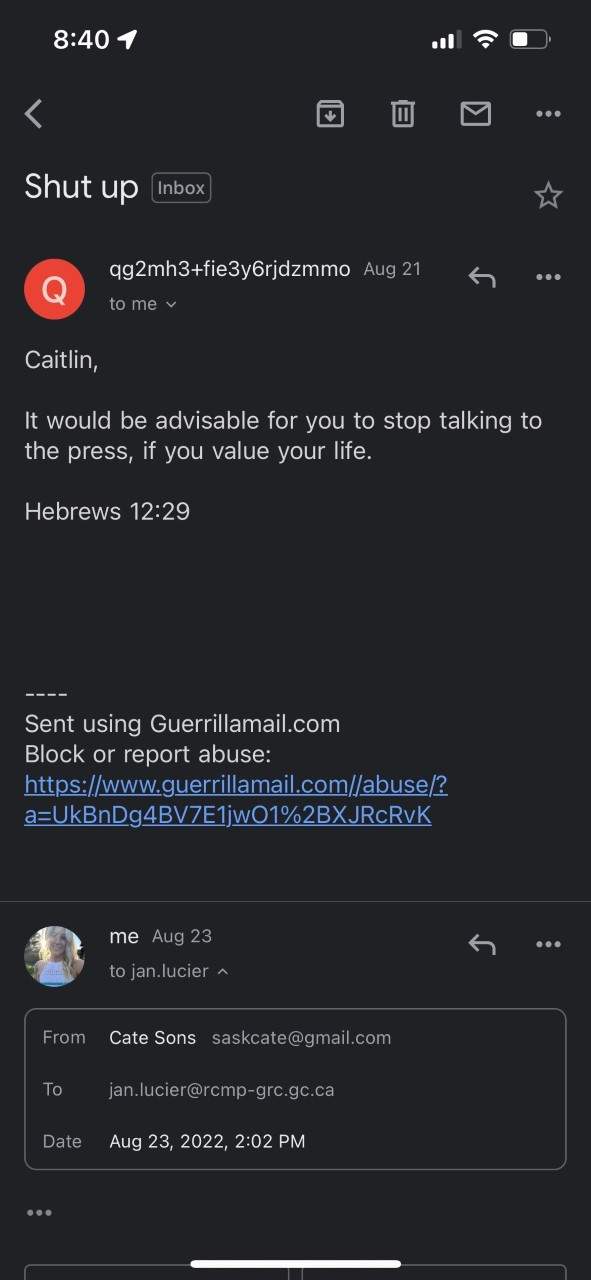 Death threat email to Caitlin Erickson including biblical verse that was spray painted onto her house.