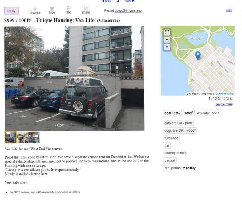 A Craigslist ad for $999/month van living in Vancouver as it appeared on Fri. Nov. 11, 2022.