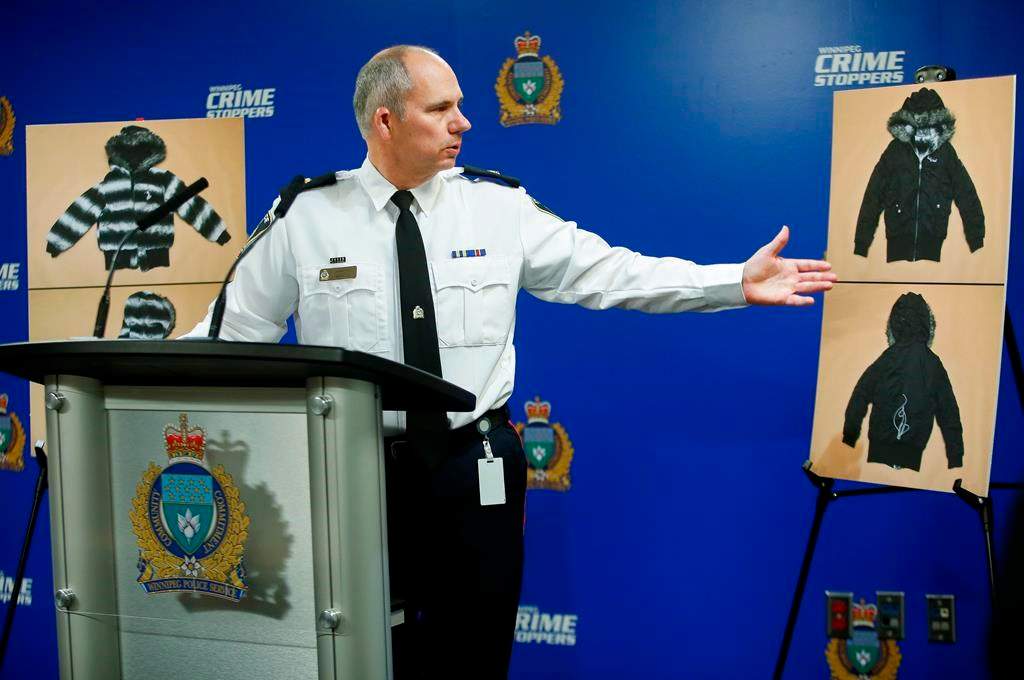 Winnipeg police Inspector Shawn Pike provides an update to an ongoing homicide investigation in Winnipeg on Thursday. Jeremy Skibicki faces three more charges of first-degree murder. In addition to Rebecca Contois, who was identified earlier, Skibicki has been charged in the deaths of Morgan Beatrice Harris, Marcedes Myran, and an unidentified female. Pike shows a jacket that may help identify the fourth subject.