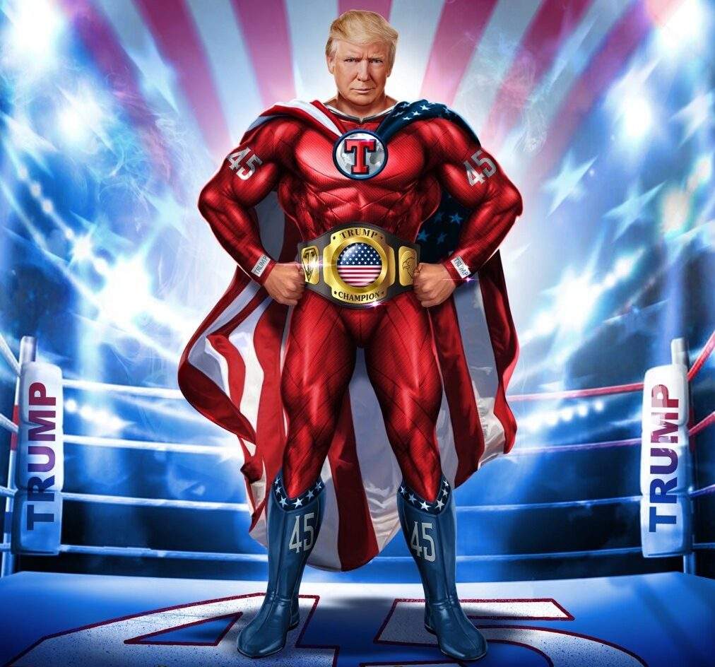 A Donald Trump digital trading card. Trump is seen depicted as a professional wrestler in a red costume with a 'T' across his chest. He is wearing a gold champion belt.