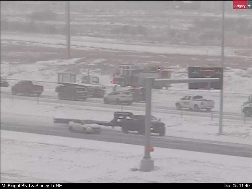 Emergency responders attend a multi-vehicle collision on Calgary's Stoney Trail N.E. on Dec. 5, 2022.