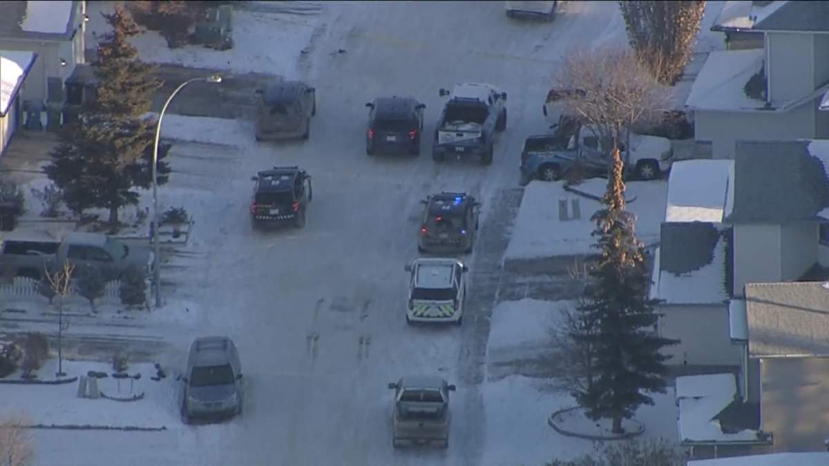 An aerial view of the southeast neighbourhood of Douglasdale where Calgary police say one man is dead after what's believed to be a targeted shooting on Dec. 15, 2022.