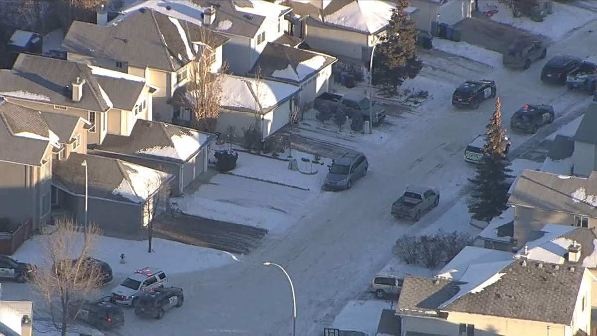 An aerial view of the southeast neighbourhood of Douglasdale where Calgary police say one man is dead after what's believed to be a targeted shooting on Dec. 15, 2022.