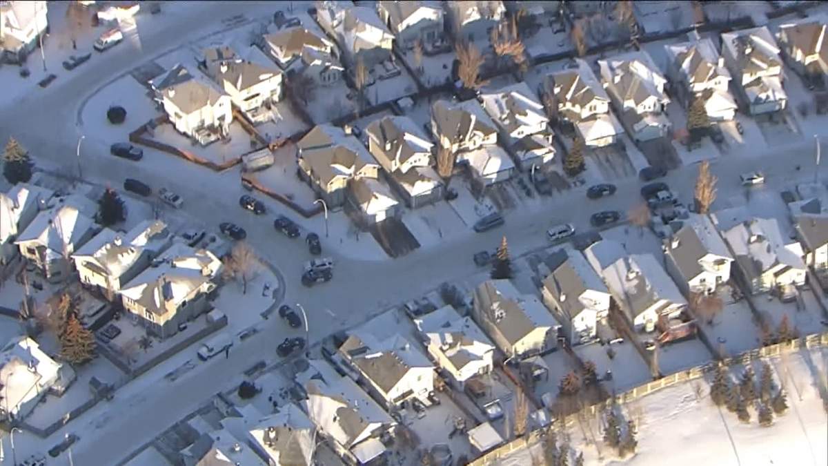 An aerial view of the southeast neighbourhood of Douglasdale where Calgary police say one man is dead after what's believed to be a targeted shooting on Dec. 15, 2022.
