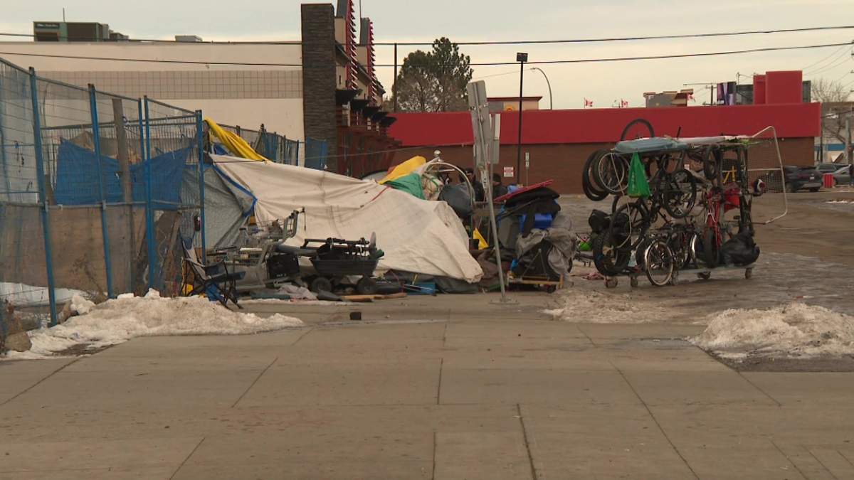 A homeless encampment on 100 Street near 106 Avenue in central Edmonton's Chinatown area in November 2022.