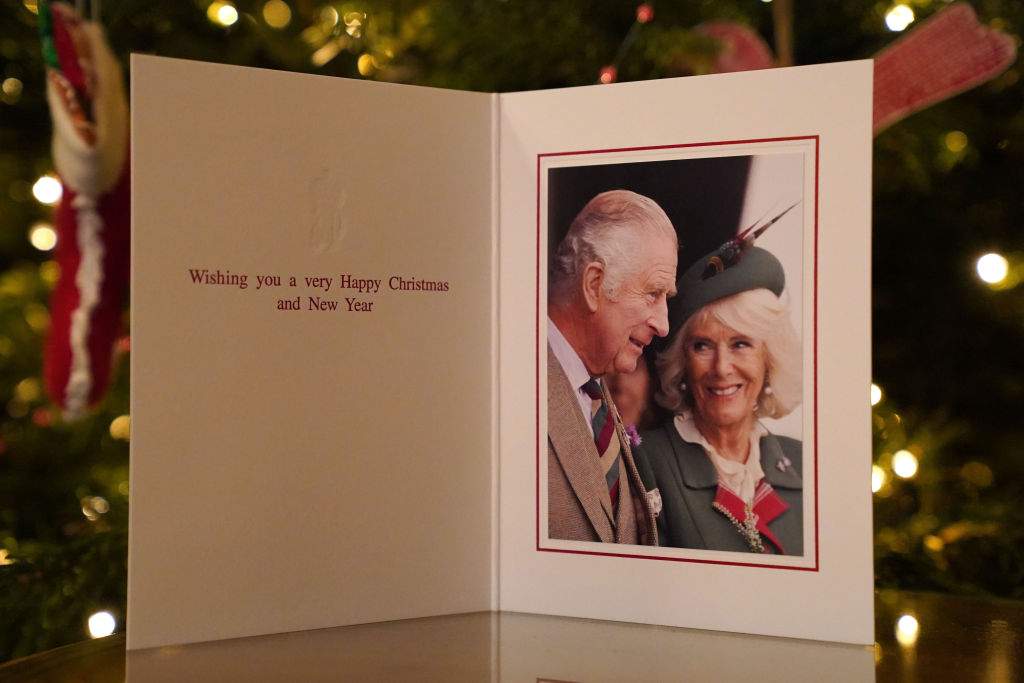 The 2022 Christmas card of King Charles III and the Queen Consort in front of a Christmas tree in Clarence House, London, on December 11, 2022 in London, England.