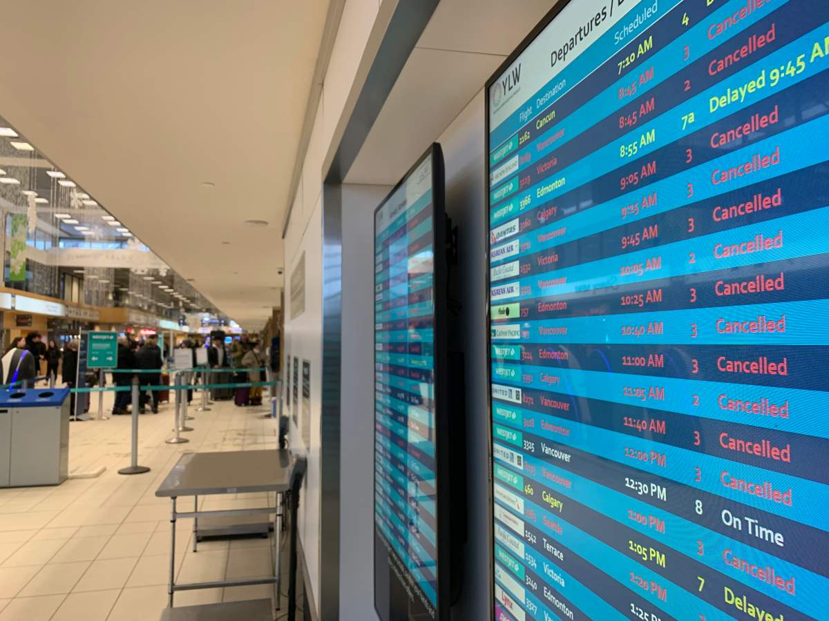 Many flights at Kelowna International Airport were cancelled on Tuesday because of the weather.