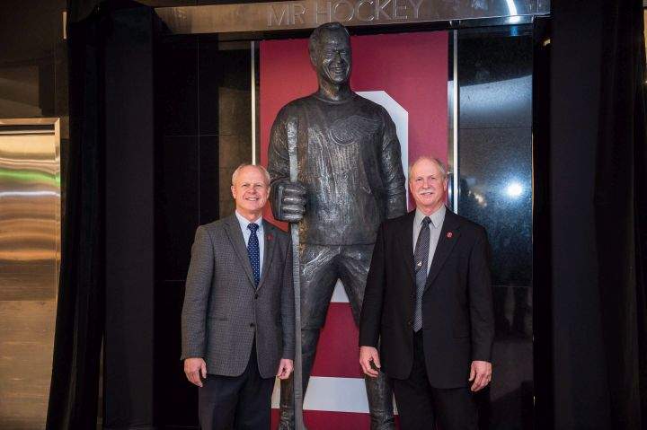Mark Howe, left, and Marty Howe pose for a picture during the unveiling of a statue of their father, Gordie Howe, at the Hockey Hall of Fame in Toronto on Friday, March 10, 2017.