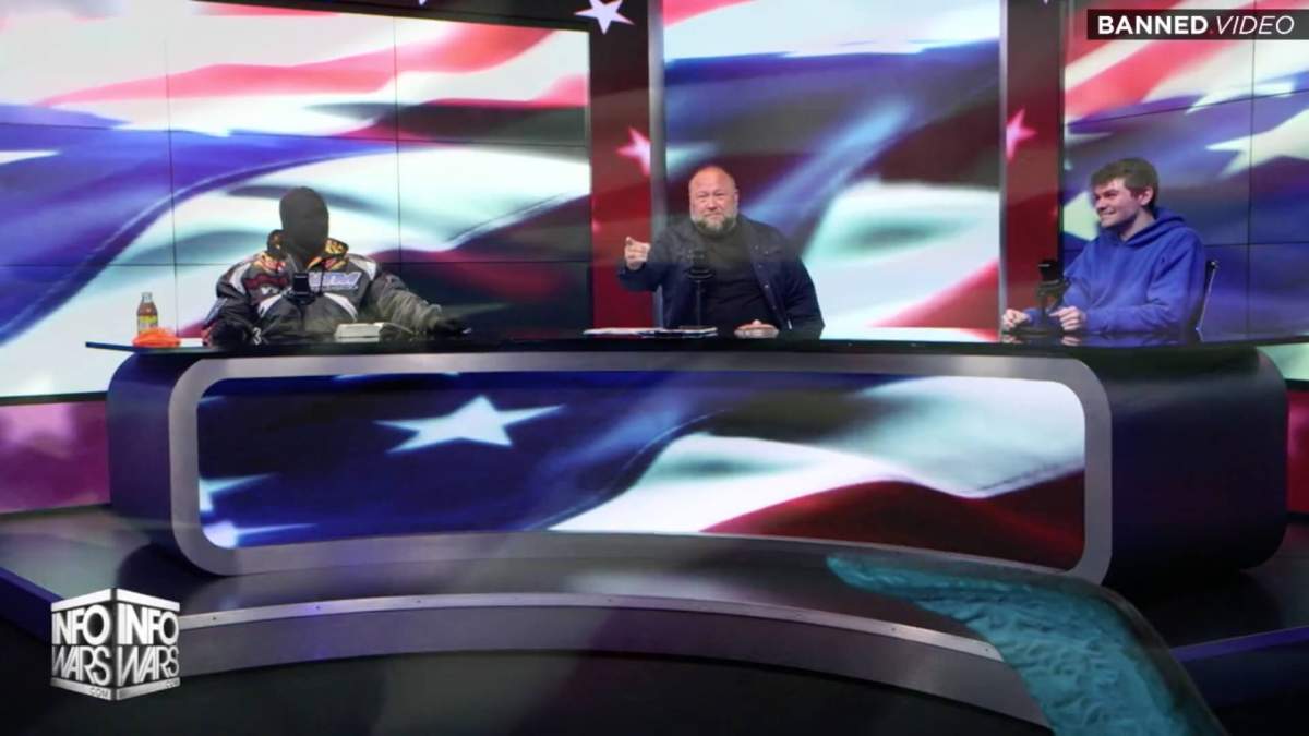 Kanye West, Alex Jones, and Nick Fuentes during an InfoWars livestream on December 1, 2022.