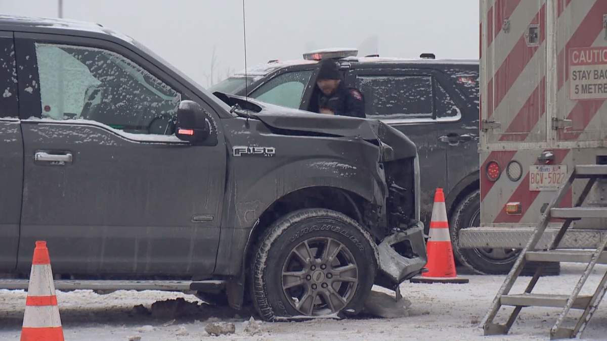 A truck is pictured on Dec. 6, 2022, in a Calgary intersection following a collision.