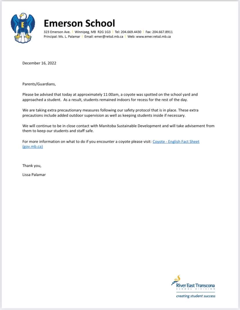 Letter sent to parents regarding coyote on school grounds of Emerson School