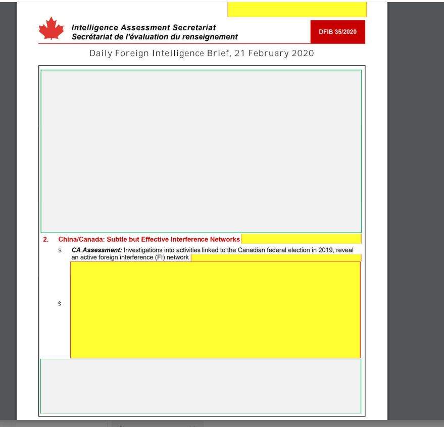 Privy Council Office, Feb. 21, 2020 Intelligence Assessment Secretariat document.