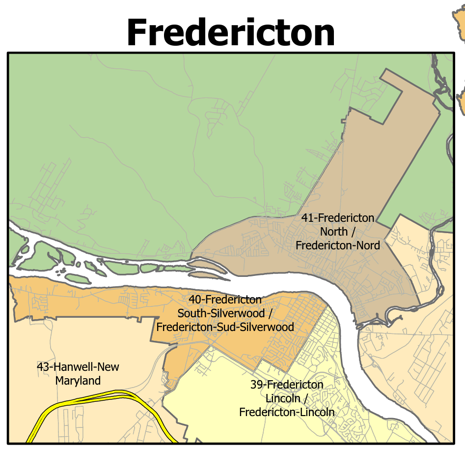 Proposed changes would see the current Fredericton South riding split in two. The new ridings would be named Fredericton South-Silverwood and Fredericton Lincoln.