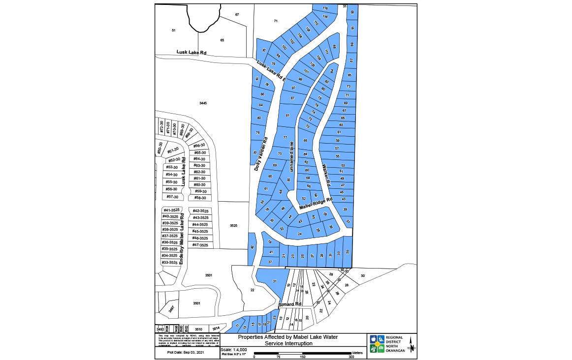 A map showing properties in the Mabel Ridge Estates area under a precautionary boil water notice.