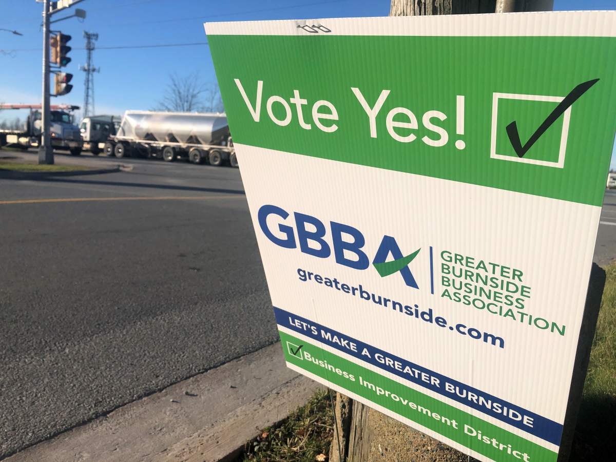 Signage in Dartmouth like this is asking businesses to support the Greater Burnside Business Association’s push to create a Business Improvement District