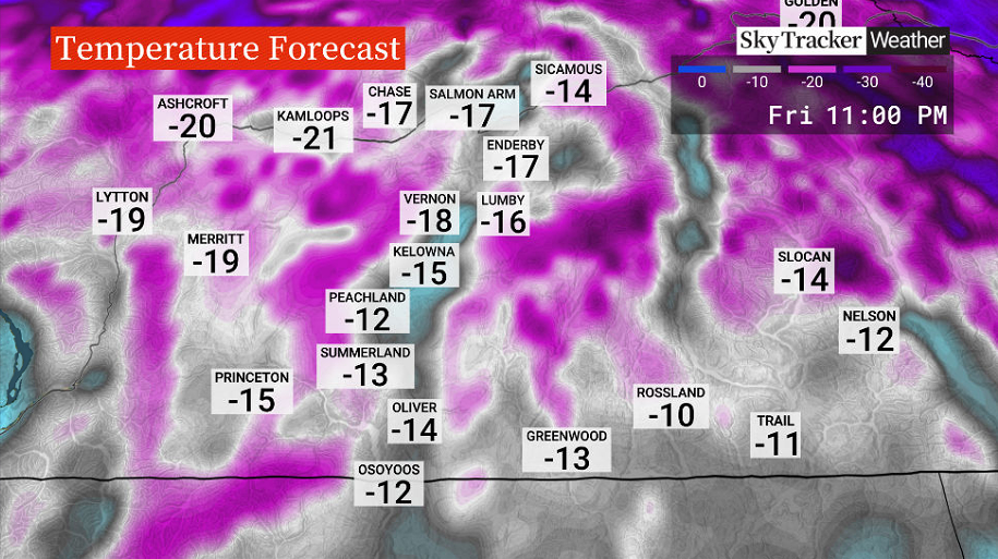 A graphic showing projected temperatures for Friday evening.