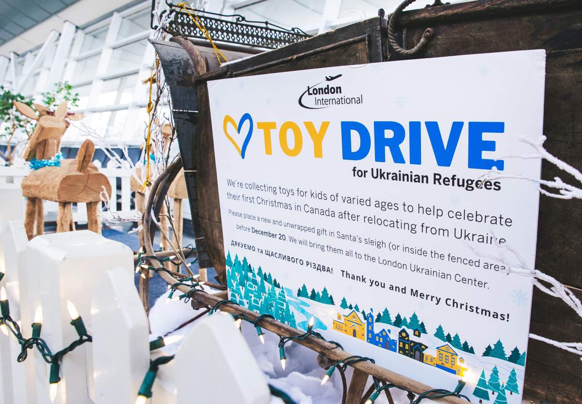 Santa's sleigh set up in the London International Airport to collect toys for Ukrainian children.