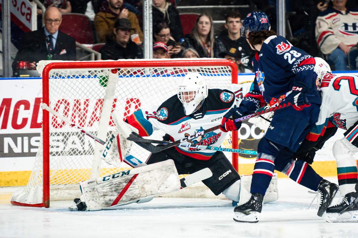 Kelowna Rockets goaltender Talyn Boyko looks on during WHL action on Friday night against the Lethbridge Hurricanes. Boyko stopped all 35 shots he faced in posting the shutout.
