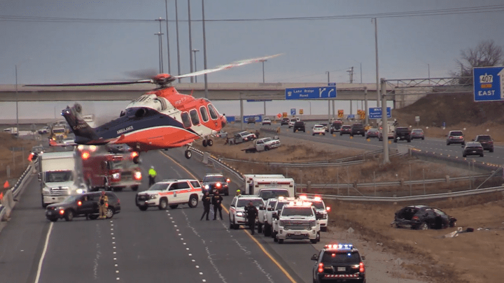 An Ornge air ambulance takes off from the scene of a single-vehicle crash on Highway 407 in Pickering on Friday.