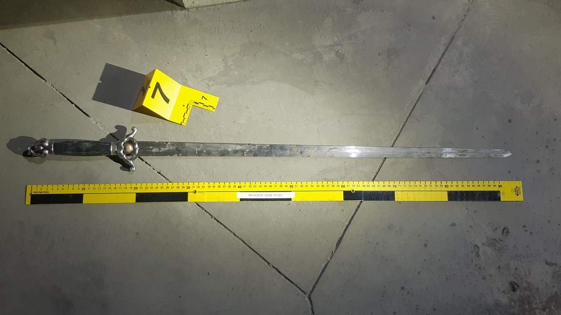 A sword investigators found in a parkade after a Calgary police officer discharged their weapon on Dec. 22, 2022. ASIRT is investigating the use of force.