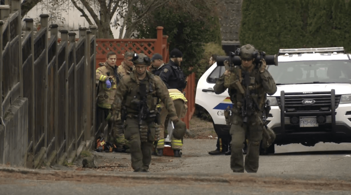 Emergency Response Team members at the scene of a police incident in Burnaby. 