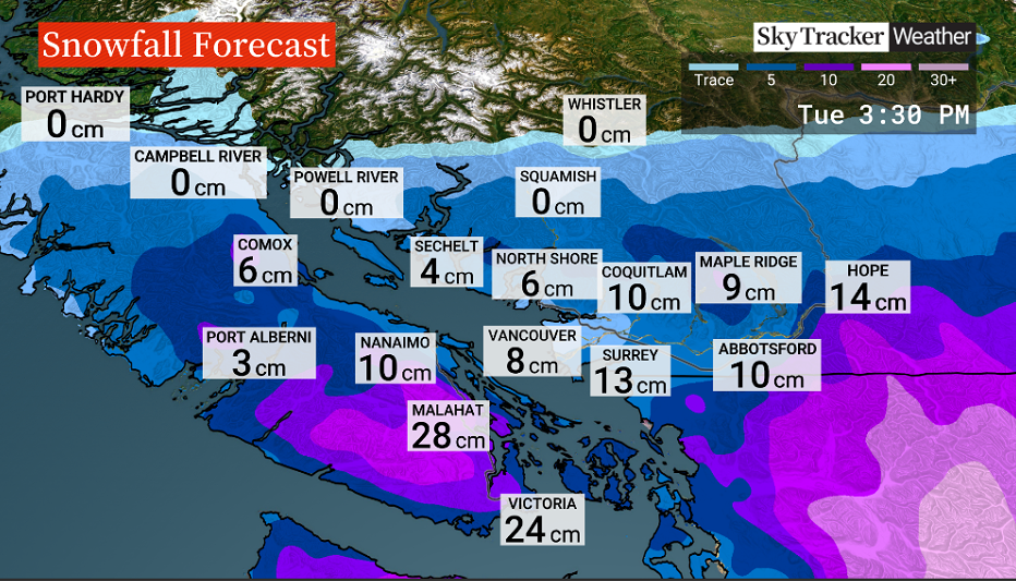 Computer model of snowfall amounts in B.C. through Tuesday morning.