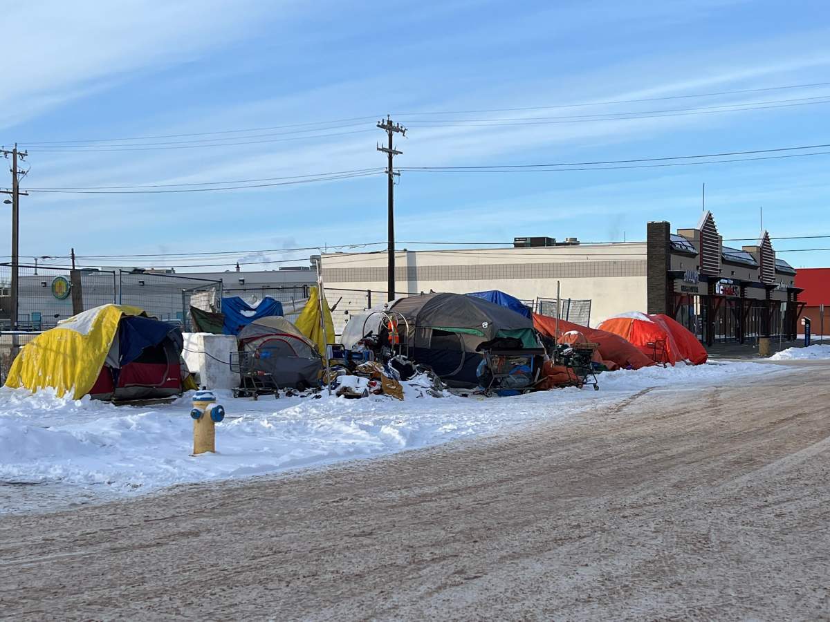 A homeless encampment on 100 Street near 105a Avenue in central Edmonton's Chinatown area on Dec. 2, 2022.