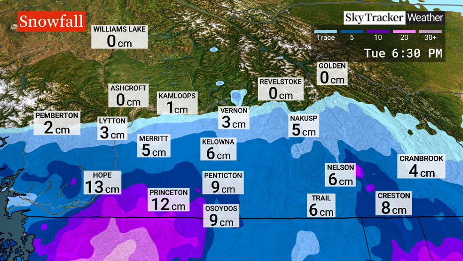 Forecast of snowfall amounts in B.C. through Tuesday afternoon.