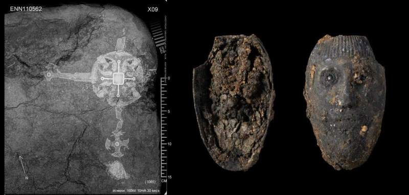 X-ray of a large ornate cross found as part of the Harpole Treasure.