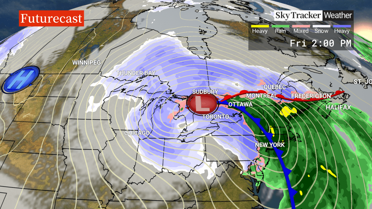 SkyTracker’s futurecast for an expected major winter storm across Ontario for Friday ahead of Christmas 2022.