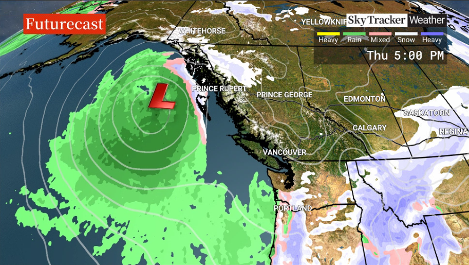 A swirling low system is expected to touch the B.C. coast on Fri. Dec. 2, 2022, according to Global BC senior meteorologist Kristi Gordon.