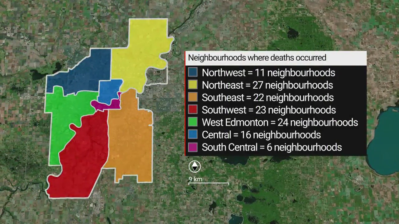 Neighbourhoods in which there were opioid-related deaths between Jan. 1 and Aug. 31, 2022 by region in Edmonton.
