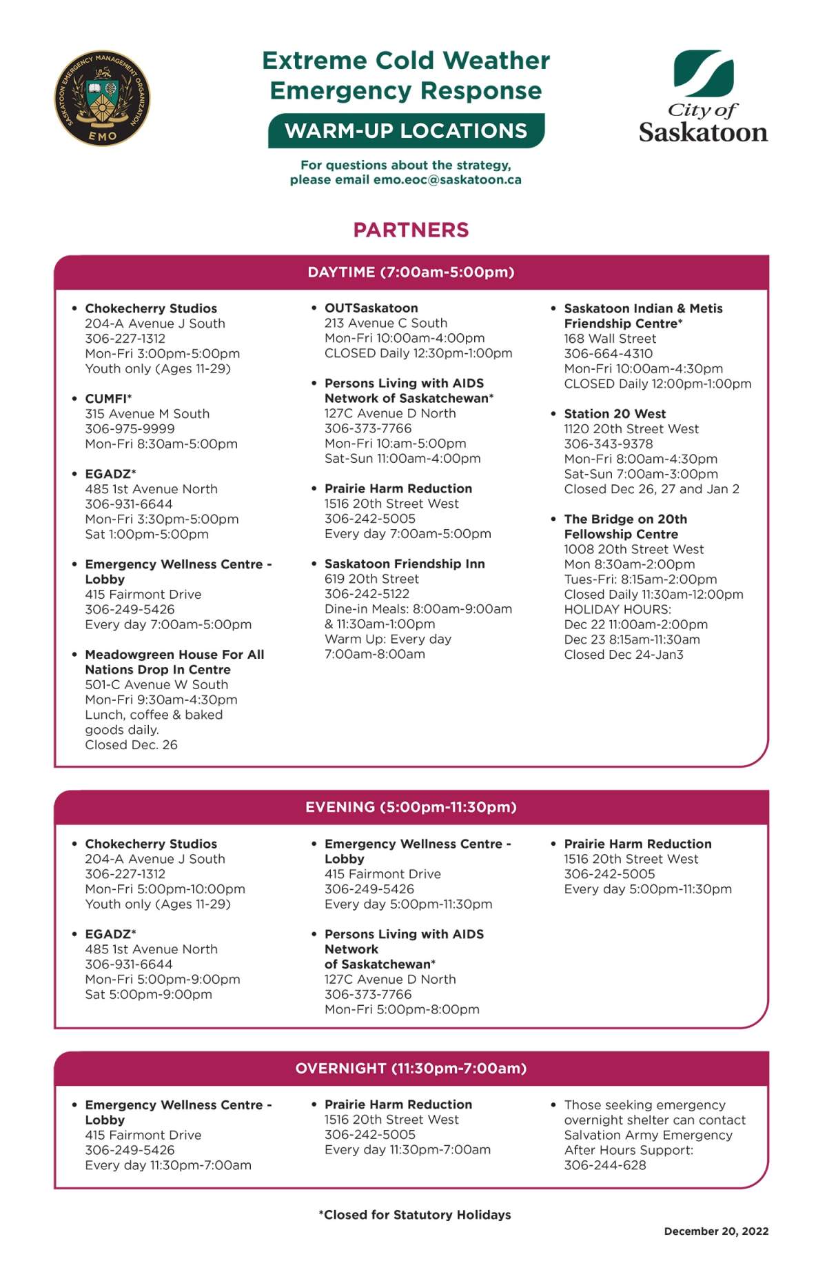 An updated poster of the warming stations in Saskatoon.