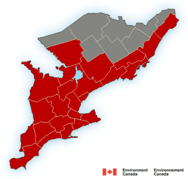 Areas shaded in red are under a wind warning, while areas shaded in grey remain under a special weather statement.