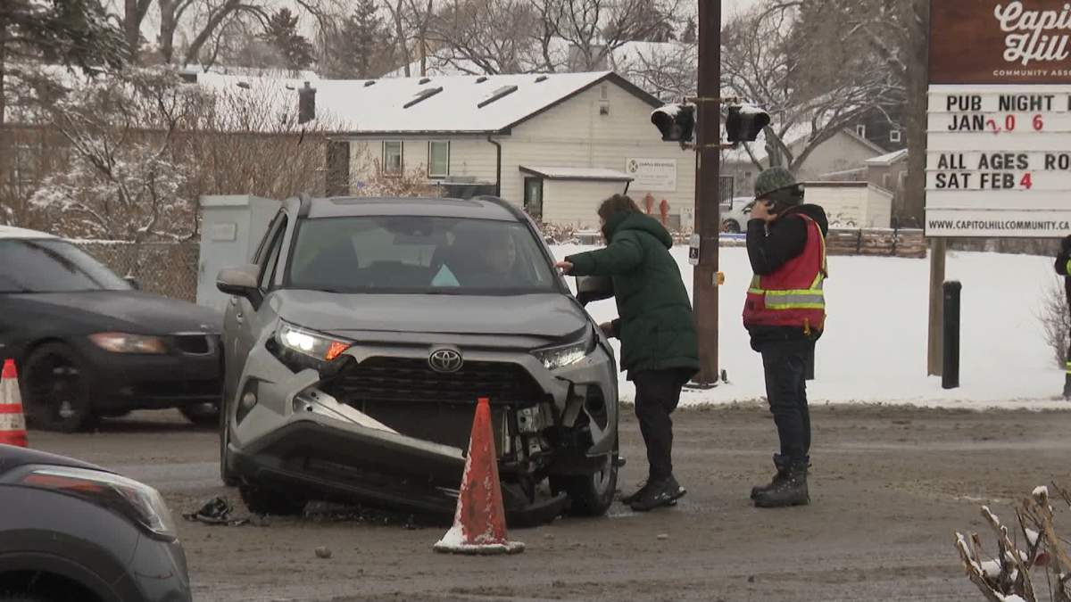 The aftermath of a vehicle collision is pictured in Calgary on Jan. 27, 2023.