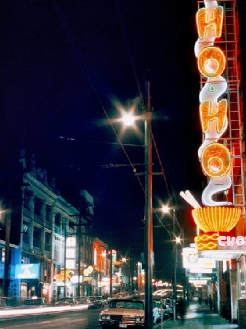 The original Ho Ho neon sign lighting up Chinatown in 1960.