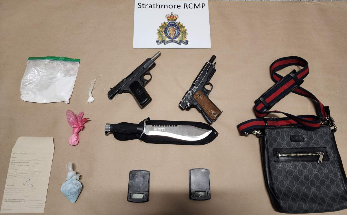 An undated photos of items seized by Strathmore RCMP during a Dec. 29, 2022, check of a suspicious vehicle.