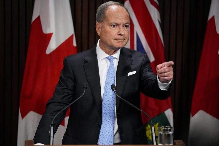 Ontario Finance Minister Peter Bethlenfalvy speaks to the media following the Speech from the Throne at Queen's Park in Toronto, on Tuesday, August 9, 2022. Ontario is asking residents for their input on the upcoming budget, and questions in a survey posted today indicate major themes will be health-care staffing, transportation, jobs and the cost of living. 