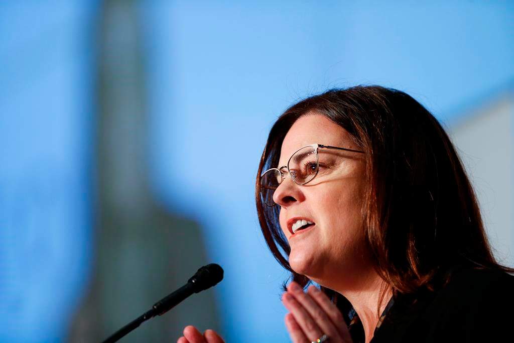 Manitoba Premier Heather Stefanson delivers her annual state of the province speech, at the convention centre in Winnipeg, Thursday, Dec. 8, 2022. 